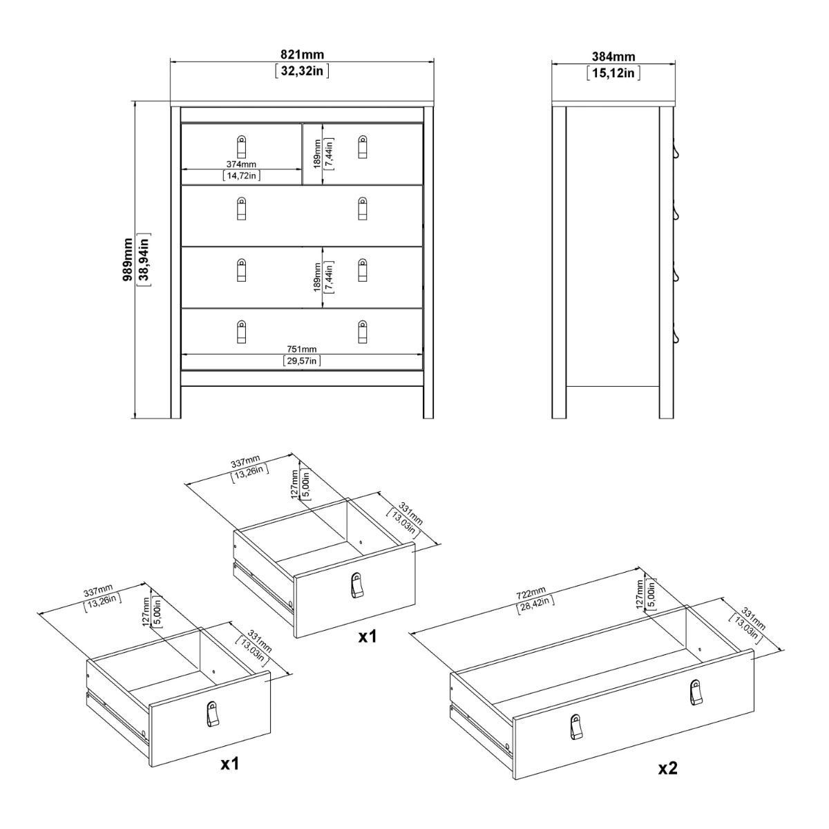 Barcelona 3+2 Chest Dresser in Black