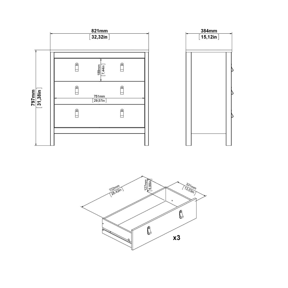 Barcelona Chest of Drawers in Oak - 3 Drawers