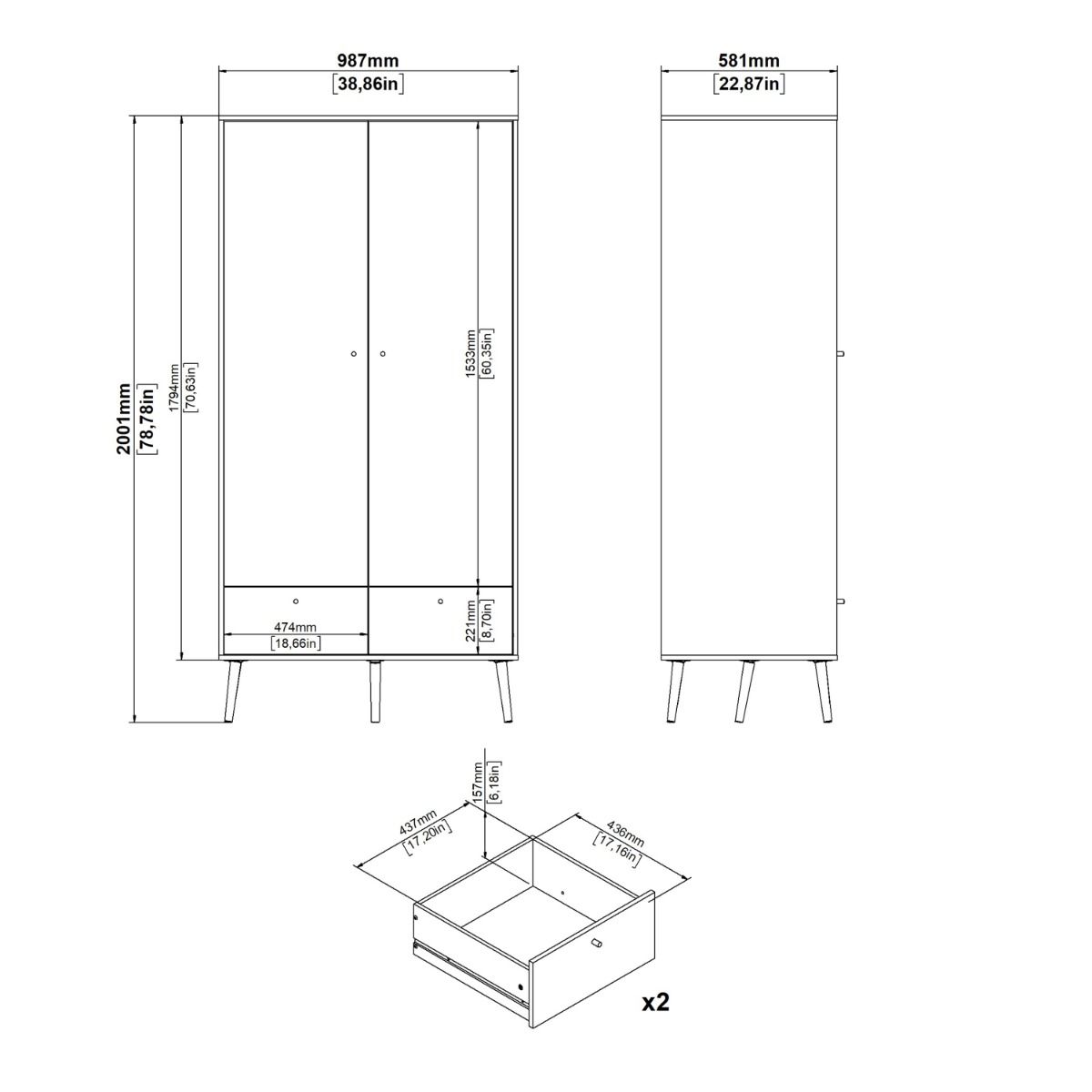 Cumbria White Wardrobe with 2 Doors + 2 Drawers