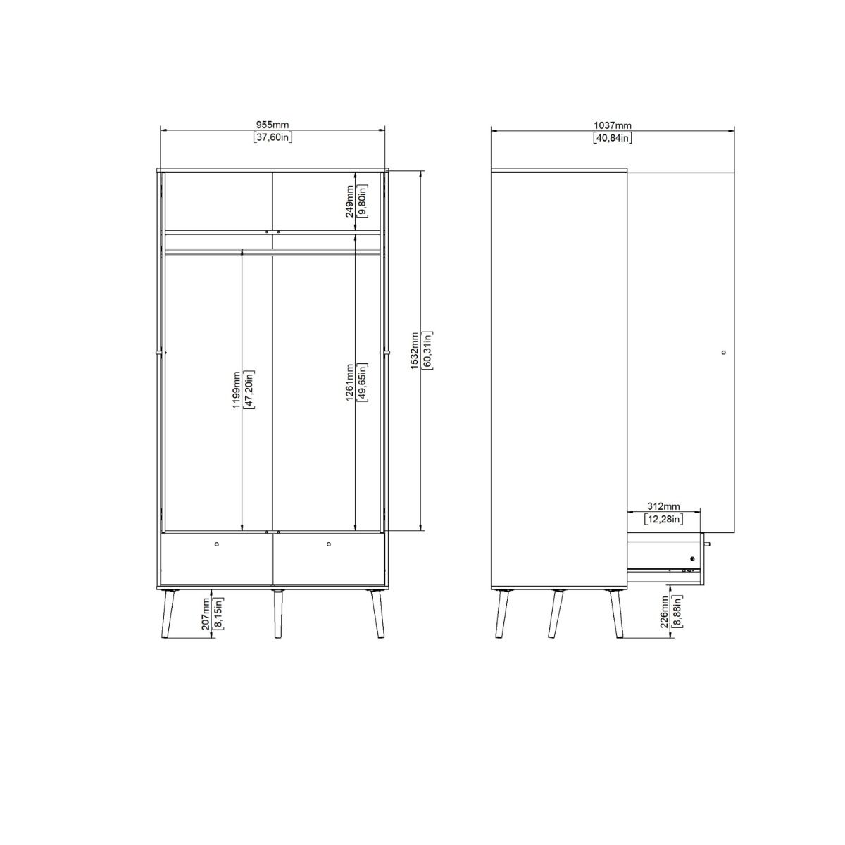 Cumbria White Wardrobe with 2 Doors + 2 Drawers