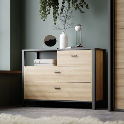 High Rock Chest of Drawers with 3 drawers in Matt Black/Riviera Oak