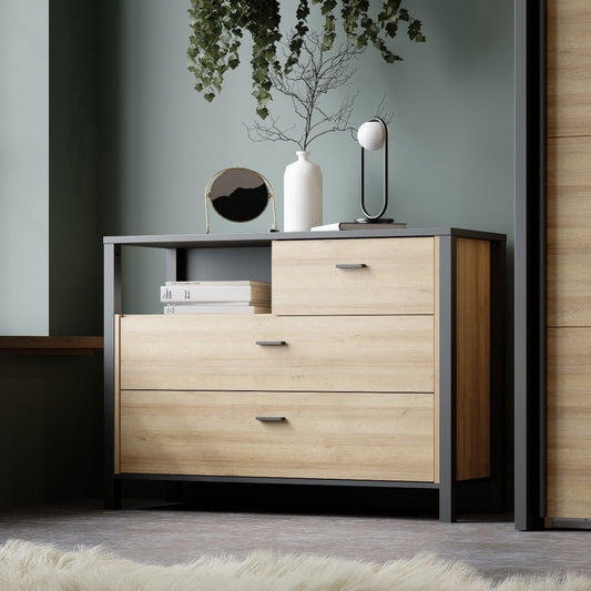 High Rock Chest of Drawers with 3 drawers in Matt Black/Riviera Oak