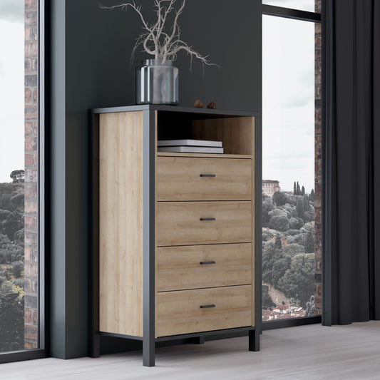 High Rock Chest of Drawers with 4 Drawers in Matt Black/Riviera Oak