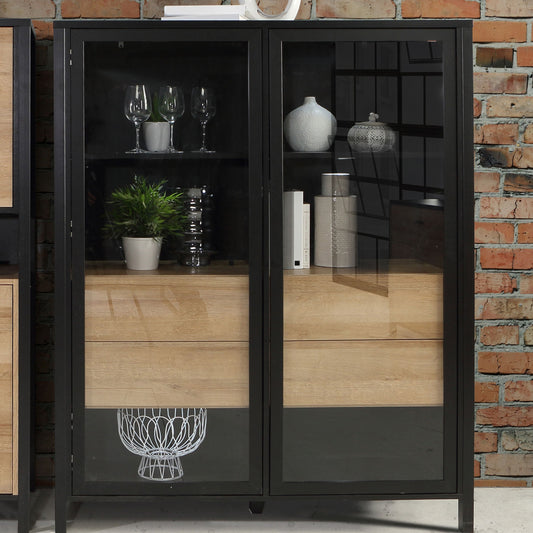 High Rock Extra Wide Black Display Cabinet in Matt Black/Riviera Oak