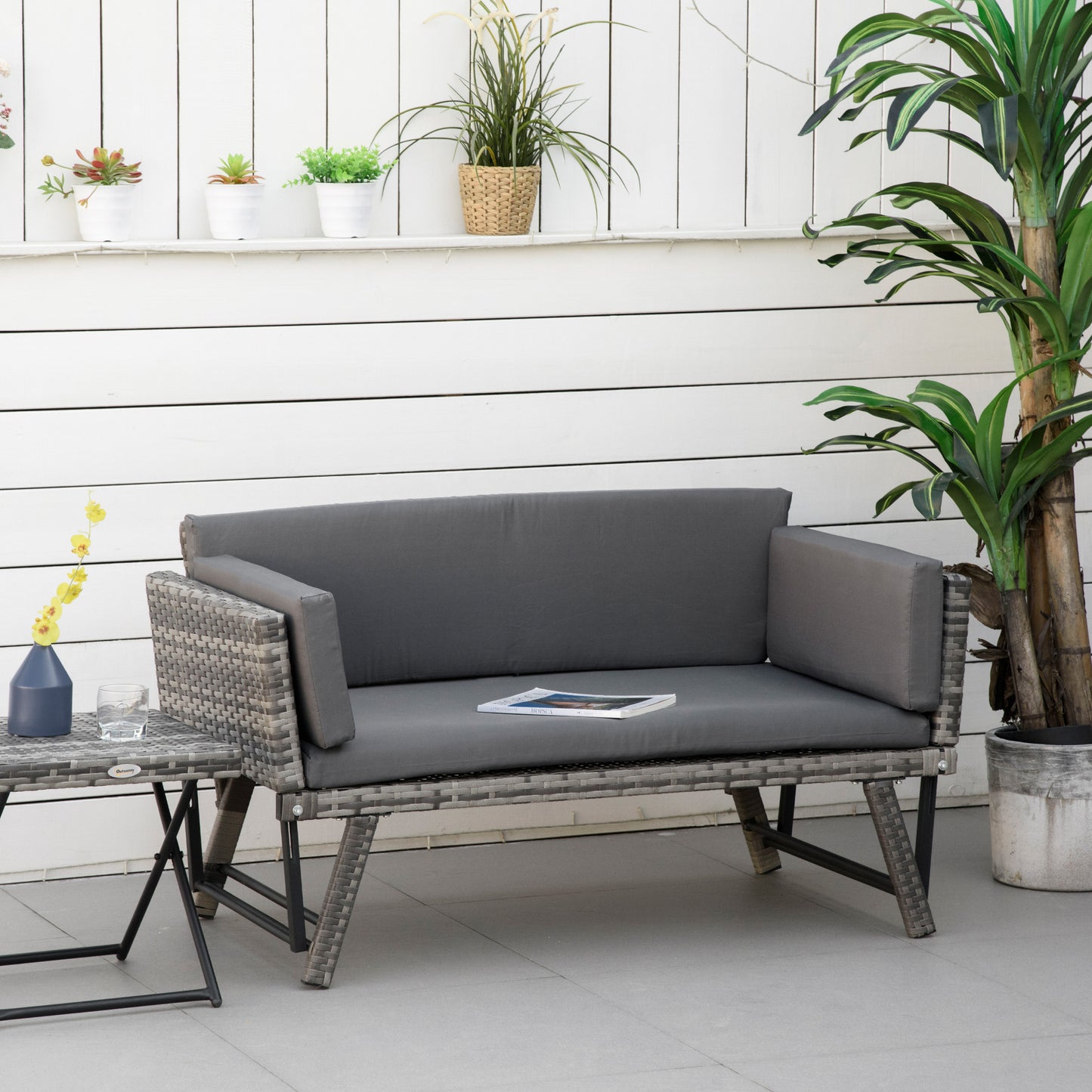 2 in 1 Rattan Folding Daybed Sofa Bench w/Cushion