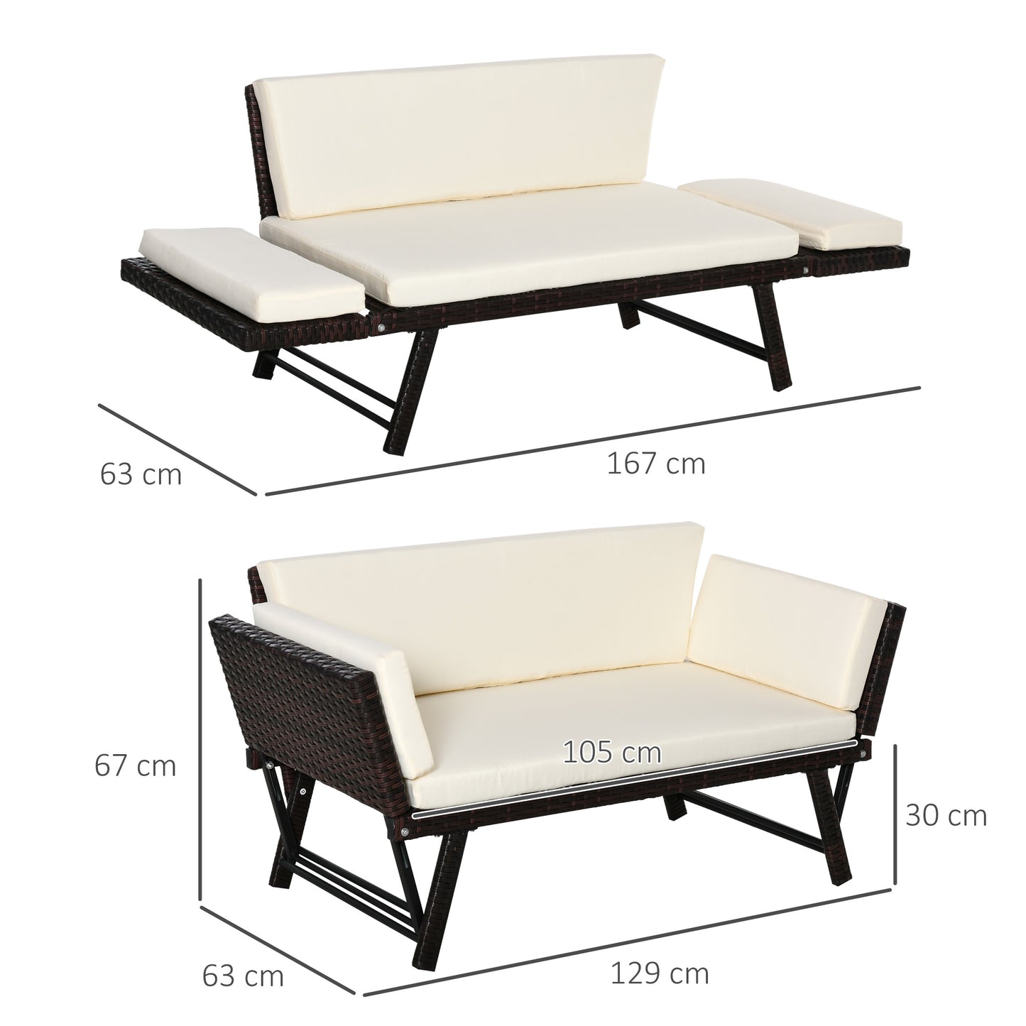 2 in 1 Rattan Folding Daybed Sofa Bench w/Cushion