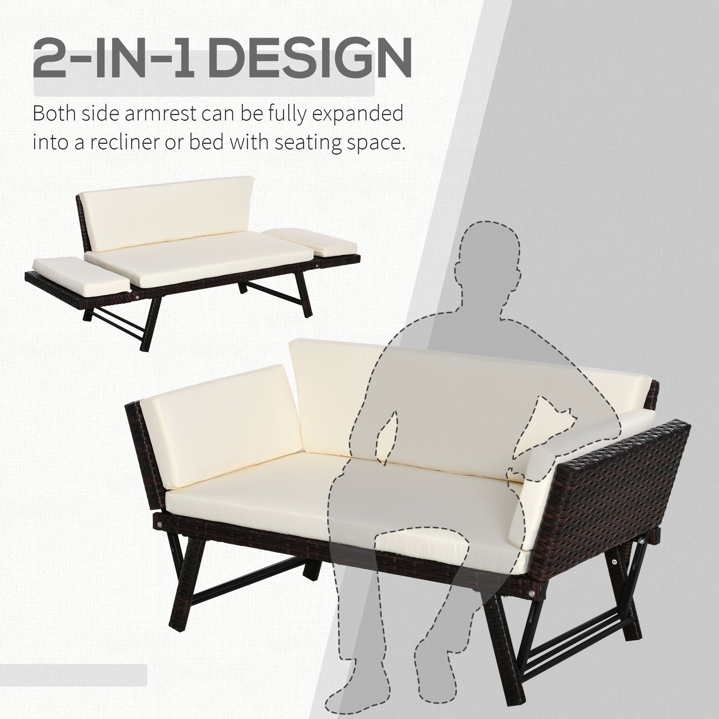 2 in 1 Rattan Folding Daybed Sofa Bench w/Cushion