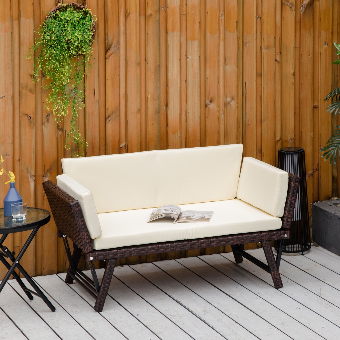 2 in 1 Rattan Folding Daybed Sofa Bench w/Cushion