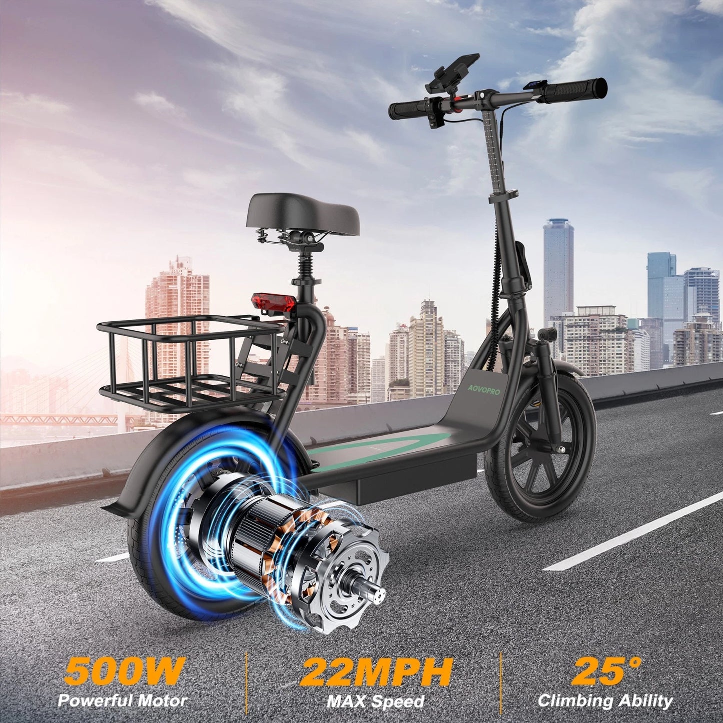 AVPro ESBS Pro Long-Range Electric Scooter with Seat - 500W Motor, 60+ Mile Range, 22 MPH