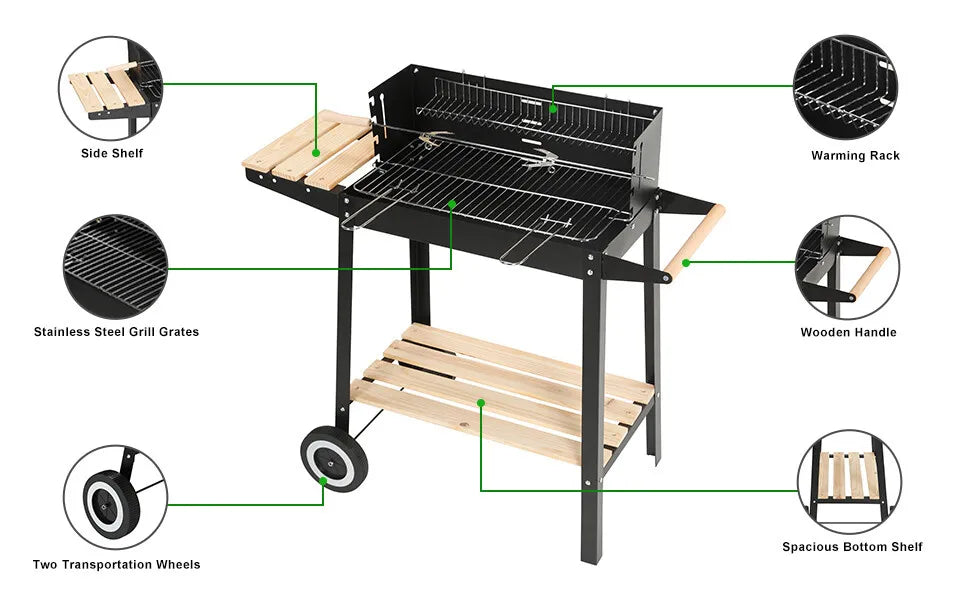 Rectangular BBQ Grill with Garden Wheels