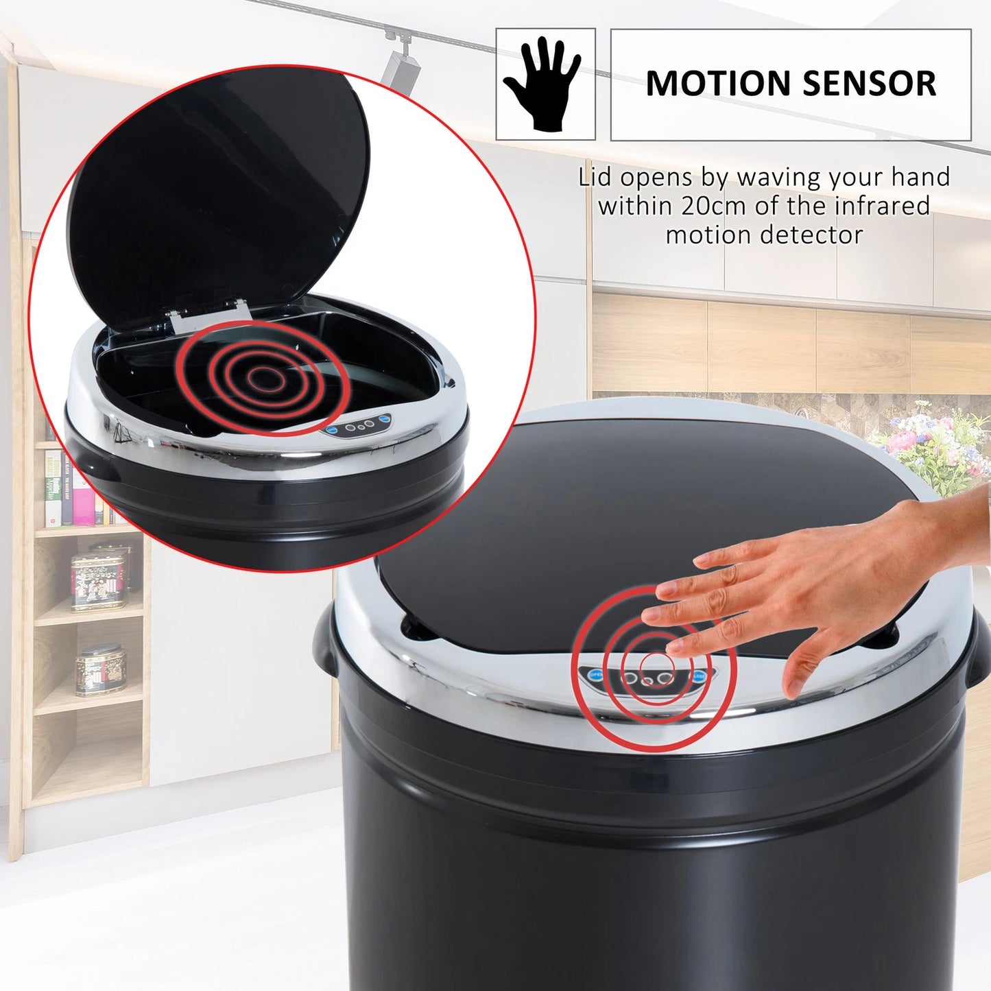 50L Automatic Motion Sensor Kitchen Bin - Hands-Free Rubbish Can, Black