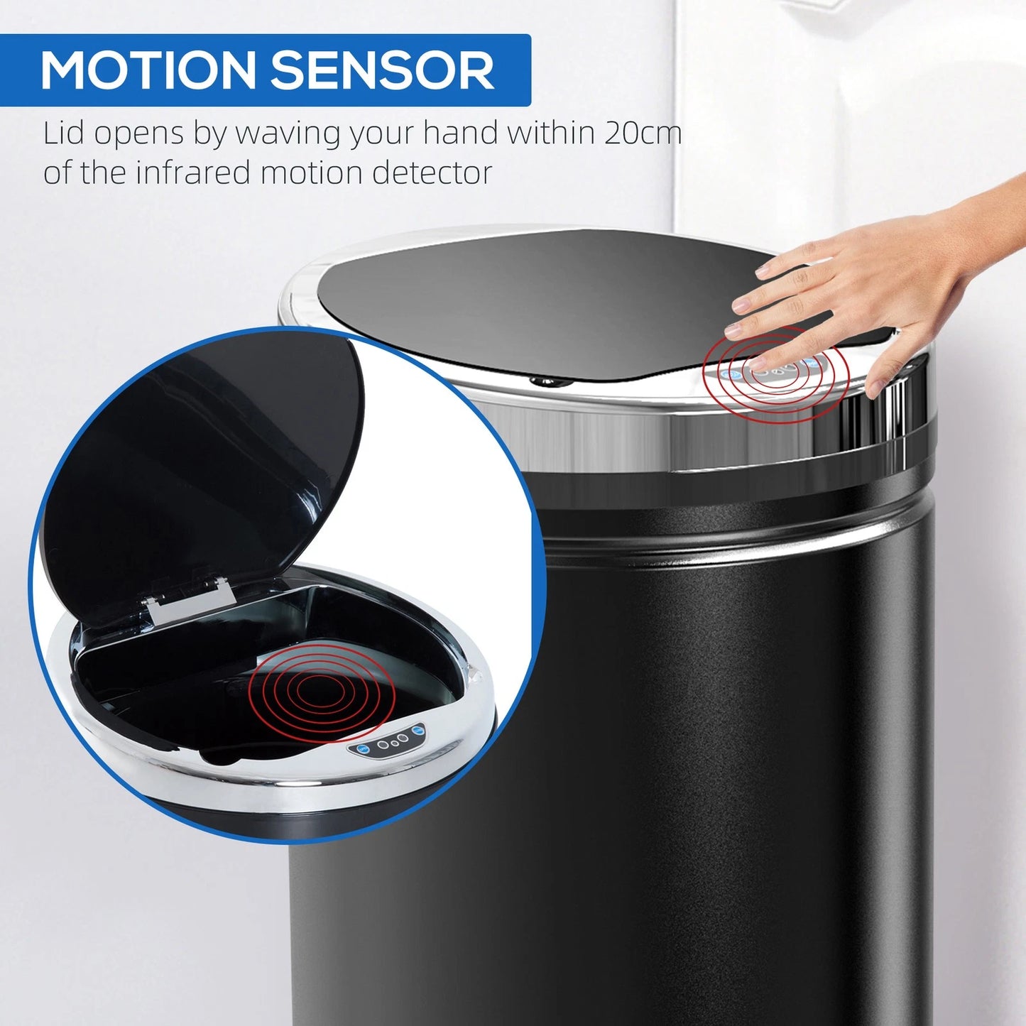 HM 42L Automatic Motion Sensor Kitchen Bin - Hands-Free Rubbish Can, Black