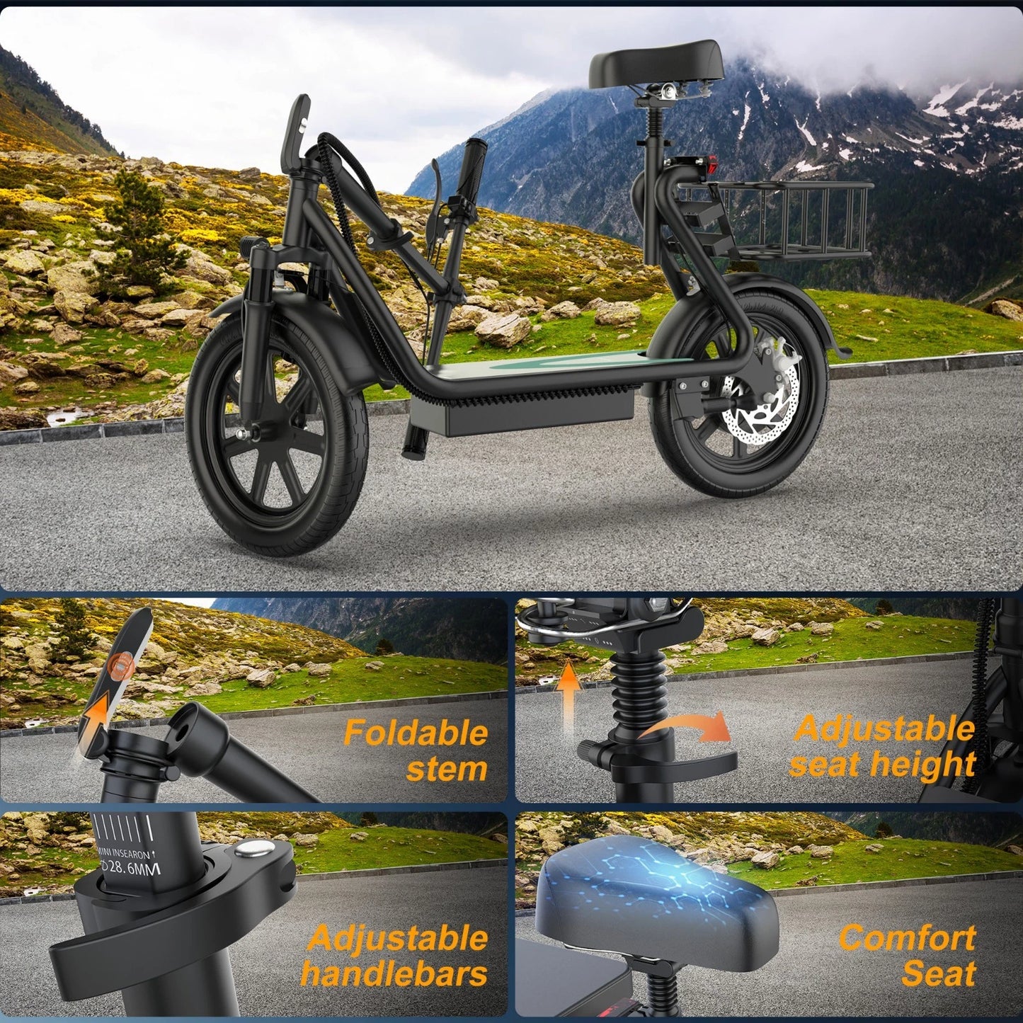 AVPro ESBS Pro Long-Range Electric Scooter with Seat - 500W Motor, 60+ Mile Range, 22 MPH