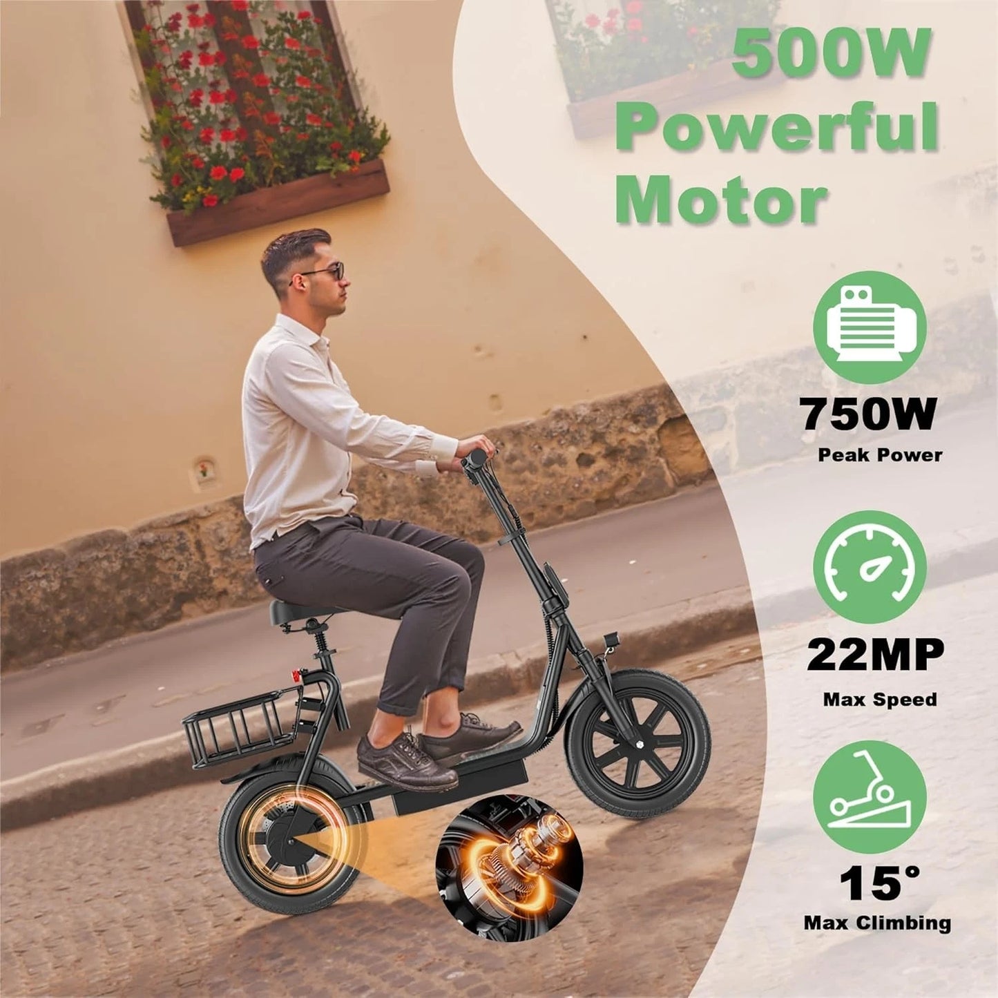 SwiftRide City Cruiser Electric Scooter with Seat - 500W Motor, 28 Mile Range, 22 MPH Top Speed