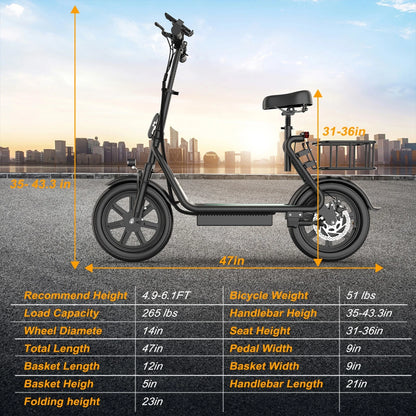 AVPro ESBS Pro Long-Range Electric Scooter with Seat - 500W Motor, 60+ Mile Range, 22 MPH