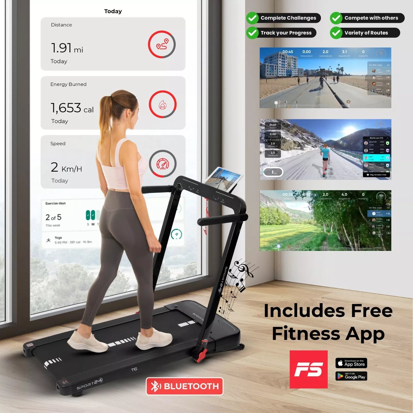 S24 Folding Electric Treadmill with Auto Incline & Bluetooth - 16km/h, 4.5HP Motor