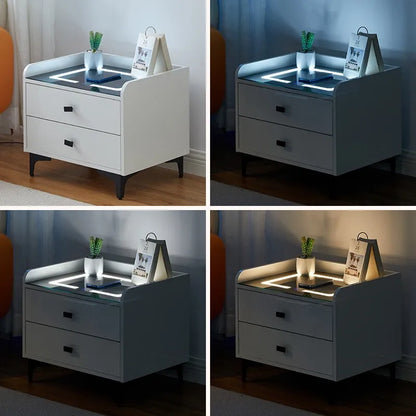 High Gloss White 2 Drawers Bedside Table with LED Light Wireless Charging
