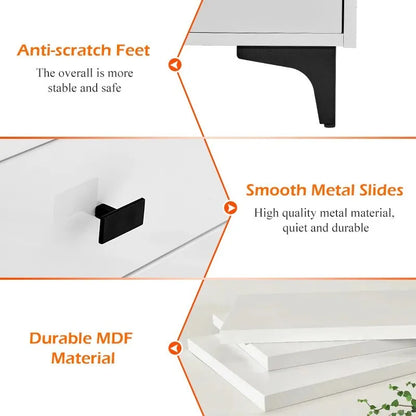 High Gloss White 2 Drawers Bedside Table with LED Light Wireless Charging