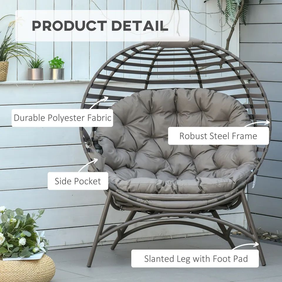 OS Egg Chair w/ Cushion Steel Frame and Side Pocket for Indoor Outdoor