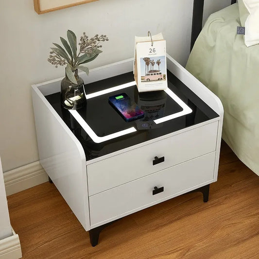 High Gloss White 2 Drawers Bedside Table with LED Light Wireless Charging